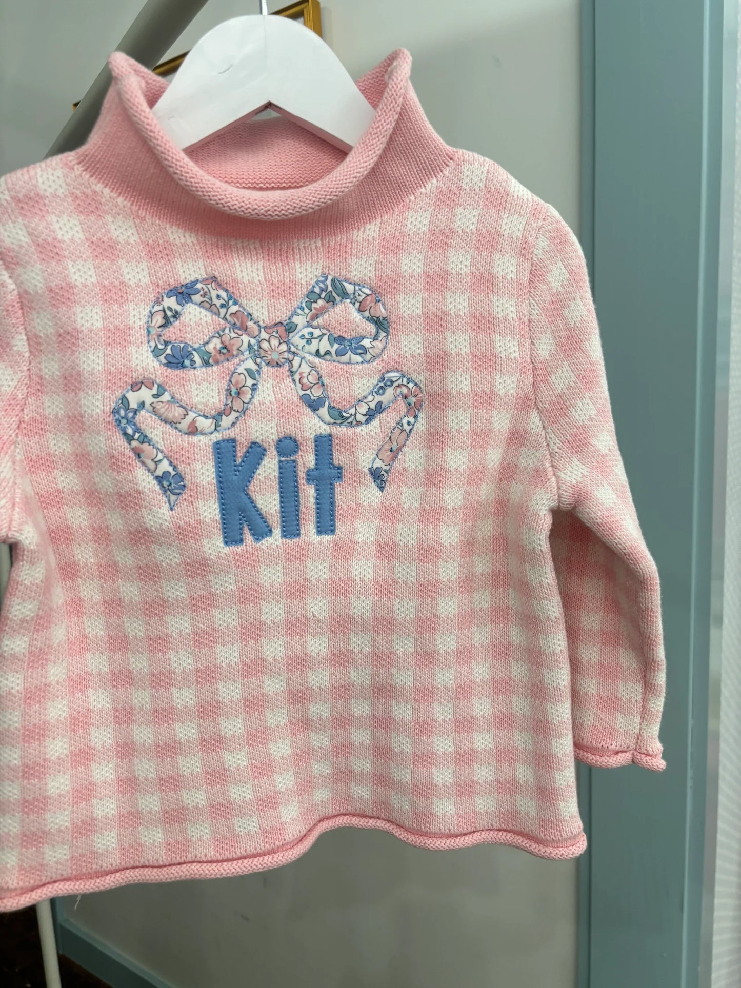 Cotton Knit Rollneck Sweater, Pink Gingham - Magpies Paducah
