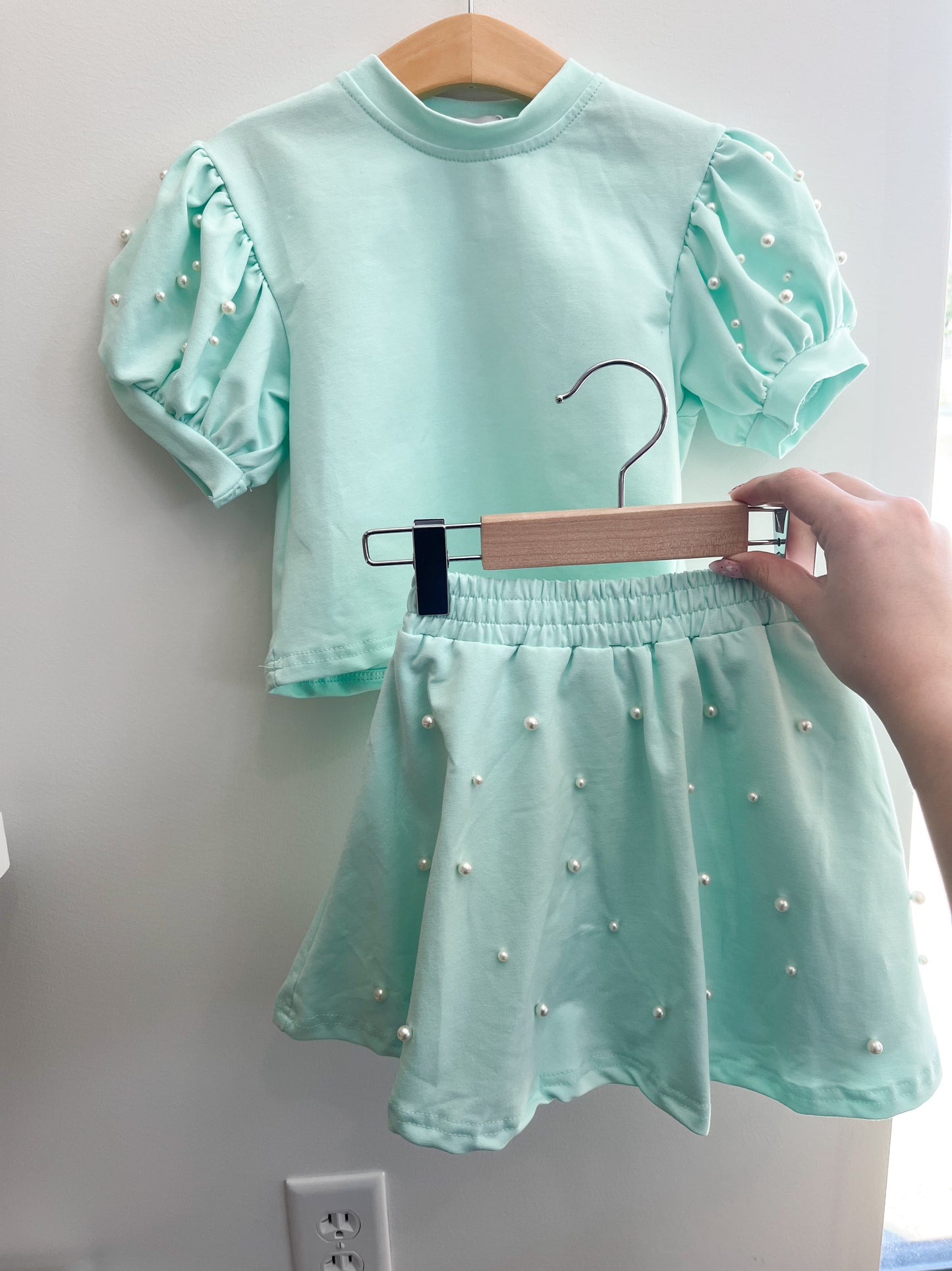 Puff Sleeve Pearls Skort Set, Mint - Magpies Paducah