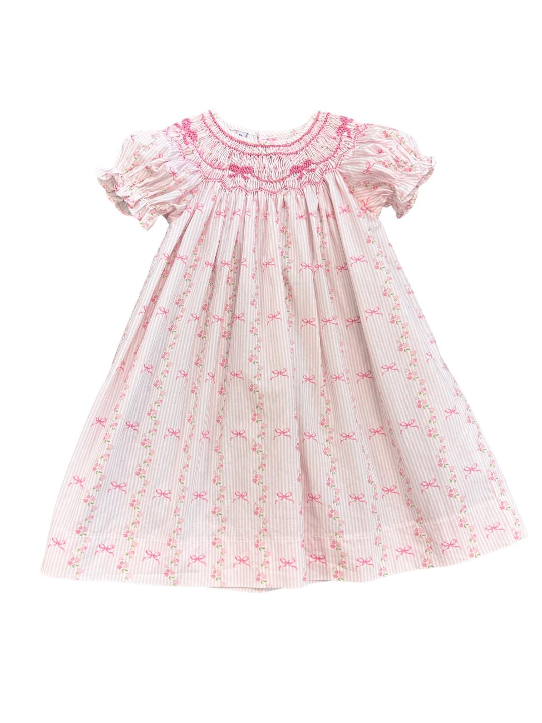 Smocked Pink Stripe Bow Floral Dress