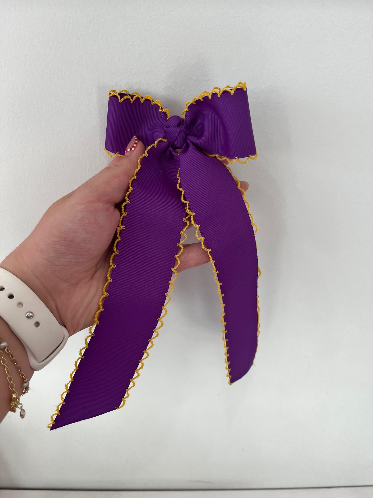 Medium Moonstitch Bow w/ Tails, Sugar Plum/Yellow - Magpies Paducah