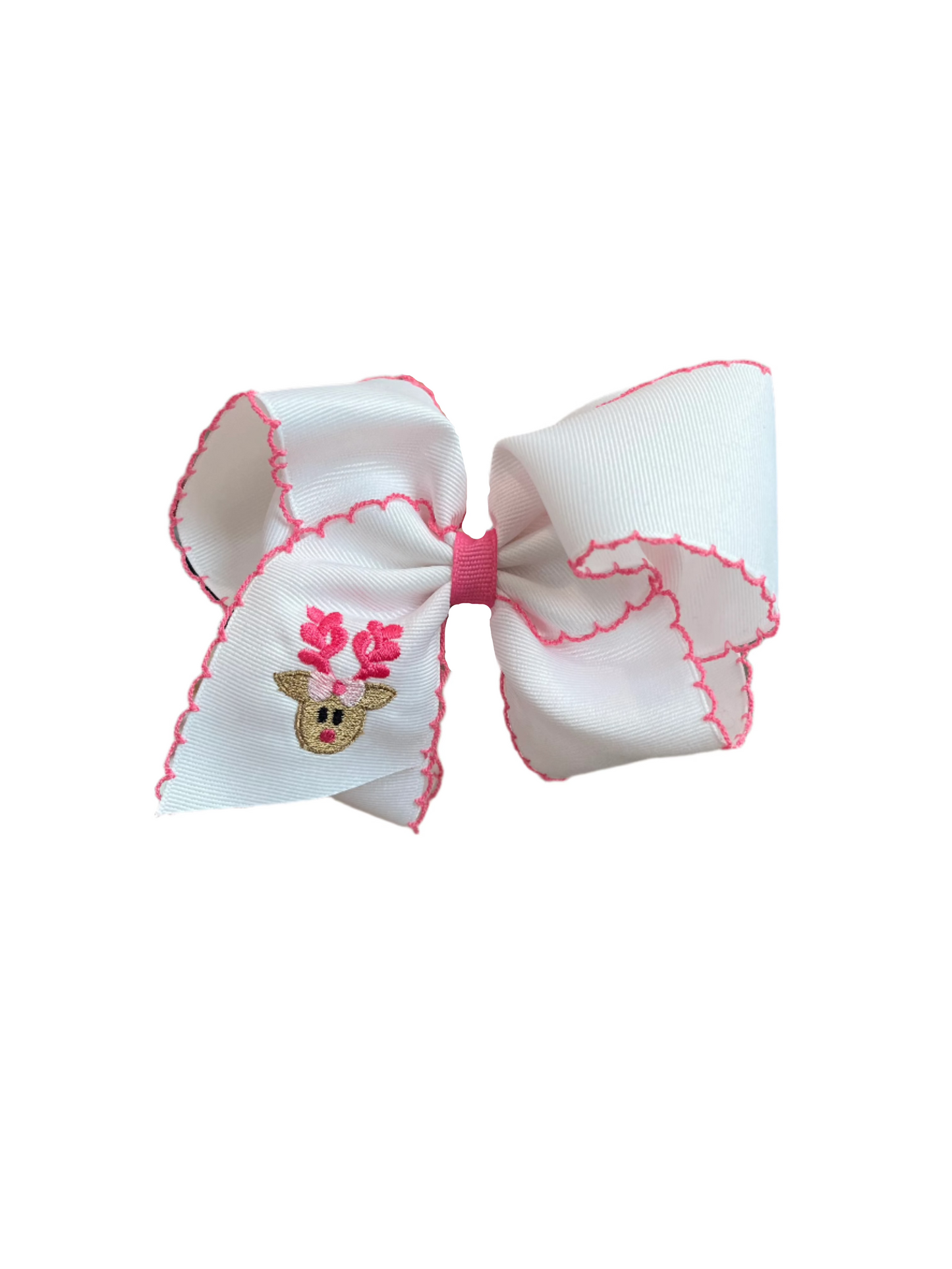Medium Moonstitch Bow, White/Pink Reindeer Emb. - Magpies Paducah