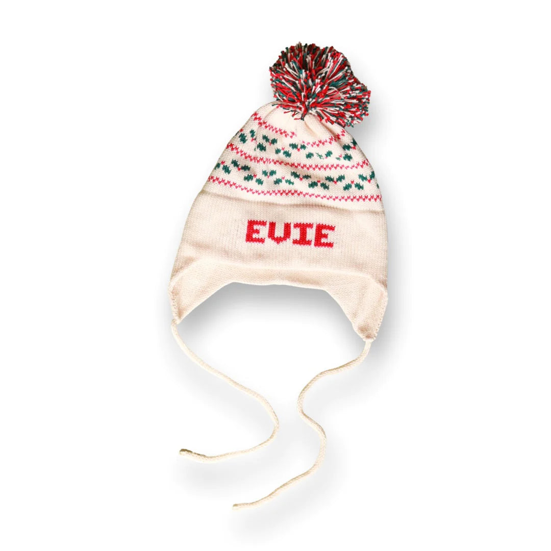 Hollies Earflap Hat, Natural with Hunter & Red - Magpies Paducah