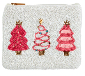 Holiday Beaded Pouch, White Christmas Trees - Magpies Paducah