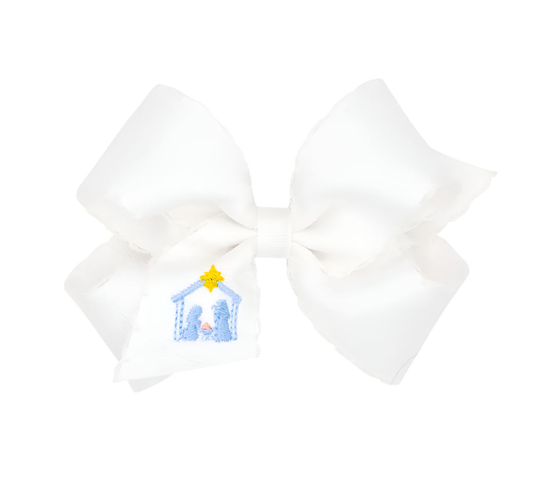 Medium Grosgrain Hair bow with Moonstitch Edge and Nativity Scene Embroidery - Magpies Paducah