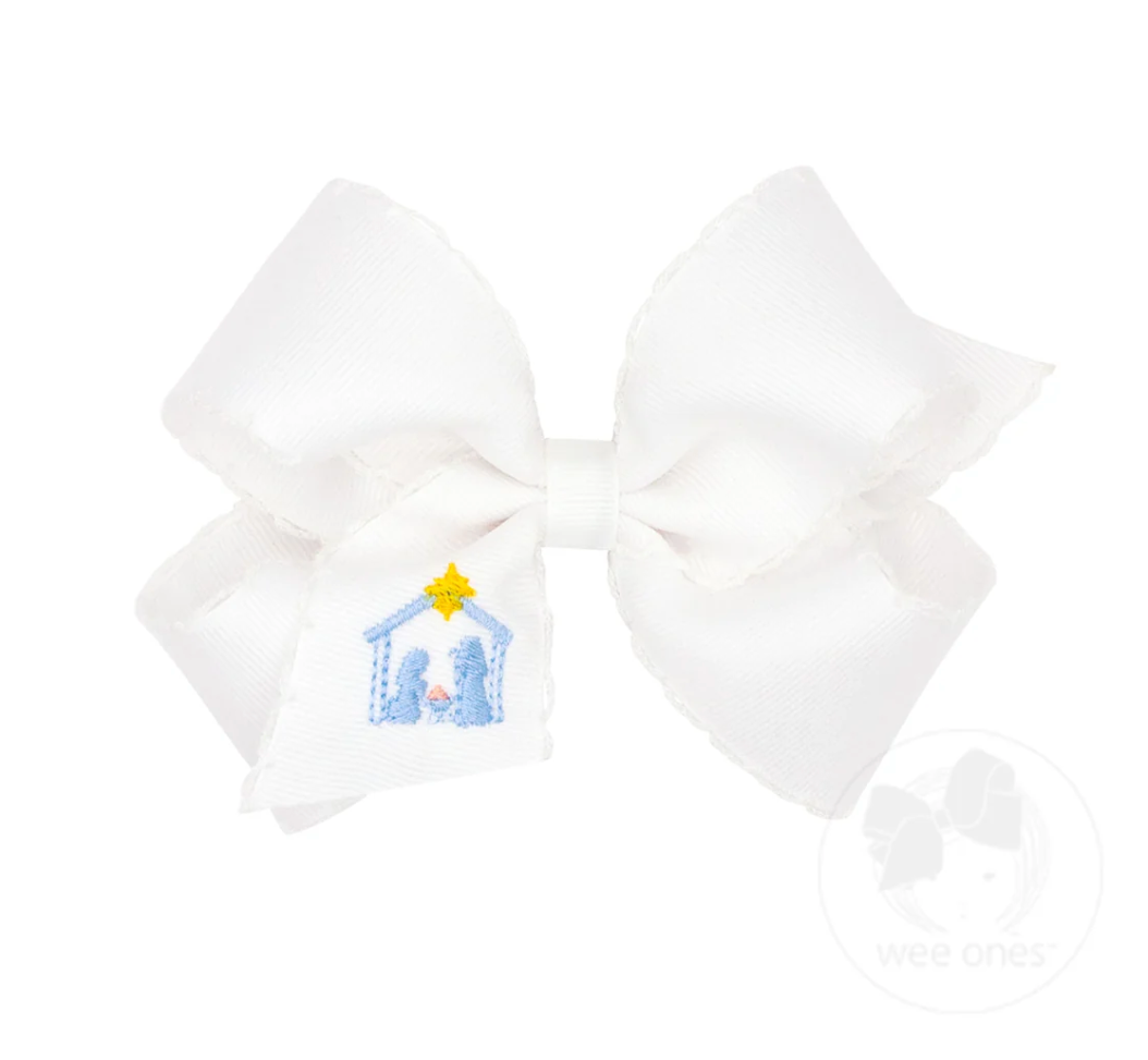 King Grosgrain Hair bow with Moonstitch Edge and Nativity Scene Embroidery - Magpies Paducah