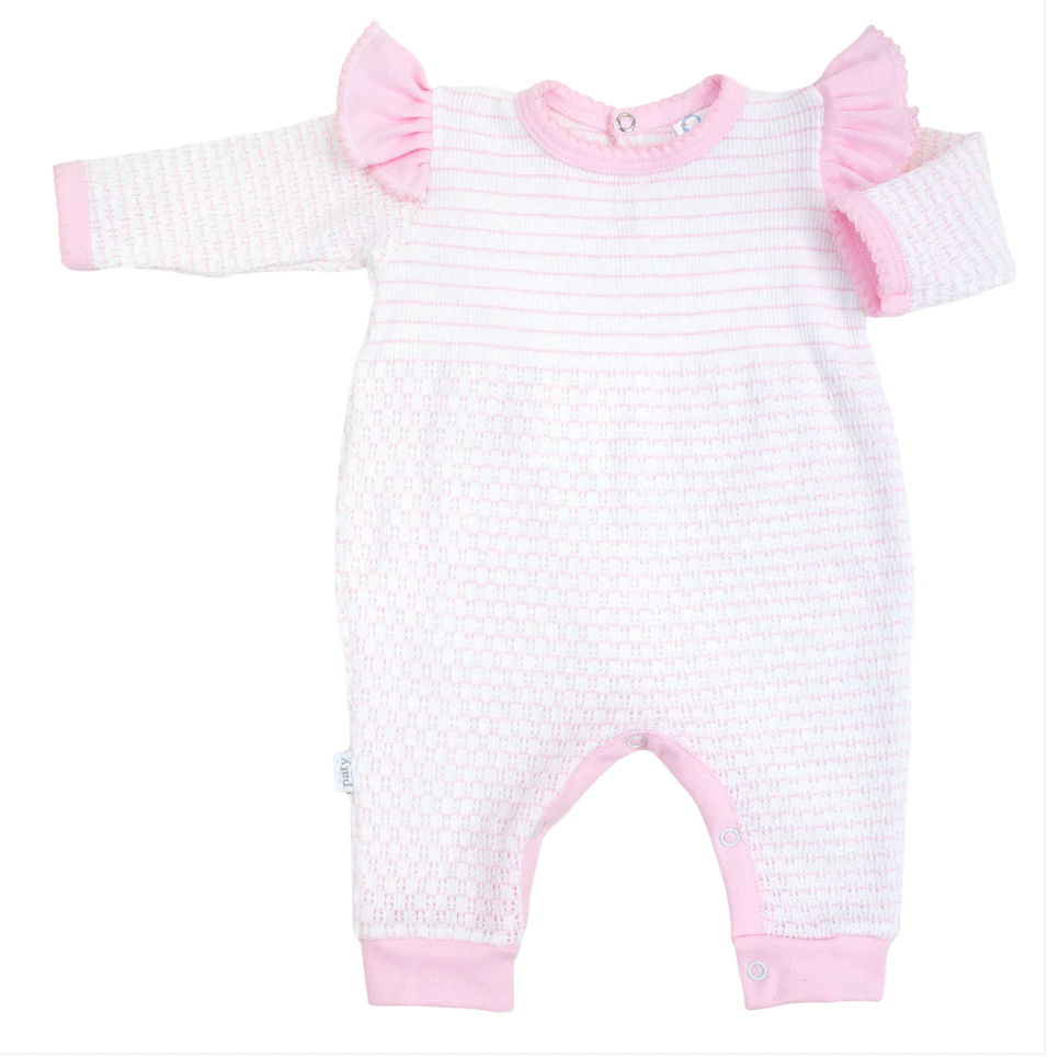 Knit Long Sleeve Pinstripe Romper with Ruffle Shoulder Trim - Magpies Paducah