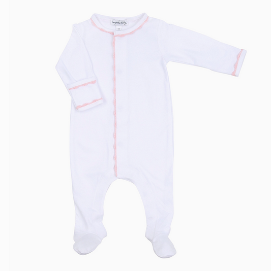 Baby Joy Footie, Pink Crochet Trim | newborn - Magpies Paducah