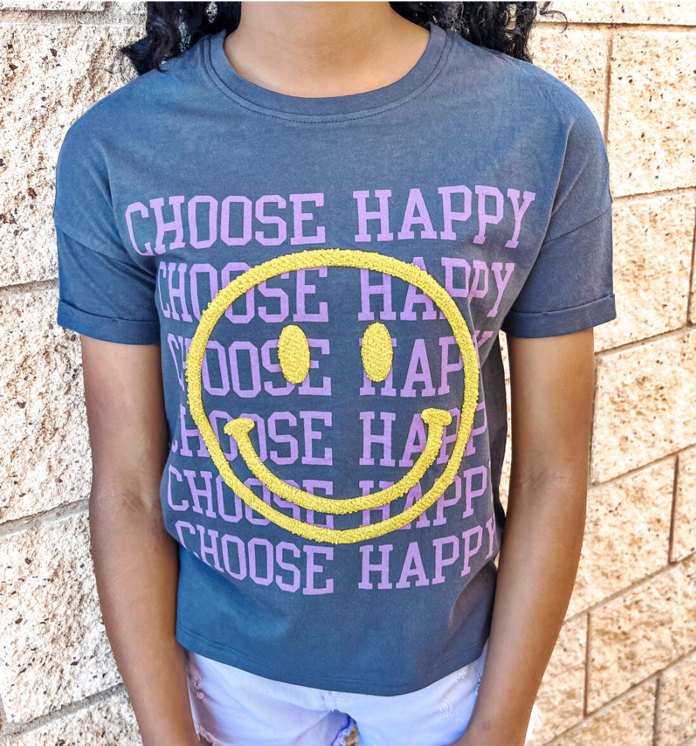 Choose Happy Tee, Chenille Smiley - Magpies Paducah