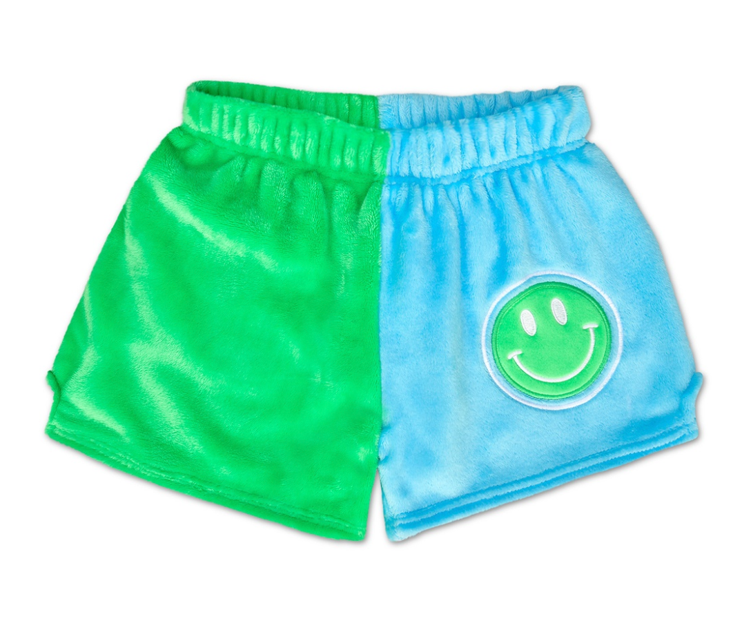 Plush Shorts, Green & Blue Smile Color Block - Magpies Paducah