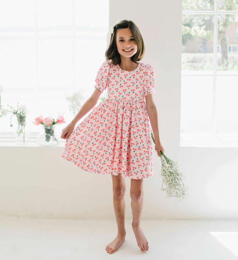 Puff Sleeve Twirl Dress, Cherries - Magpies Paducah