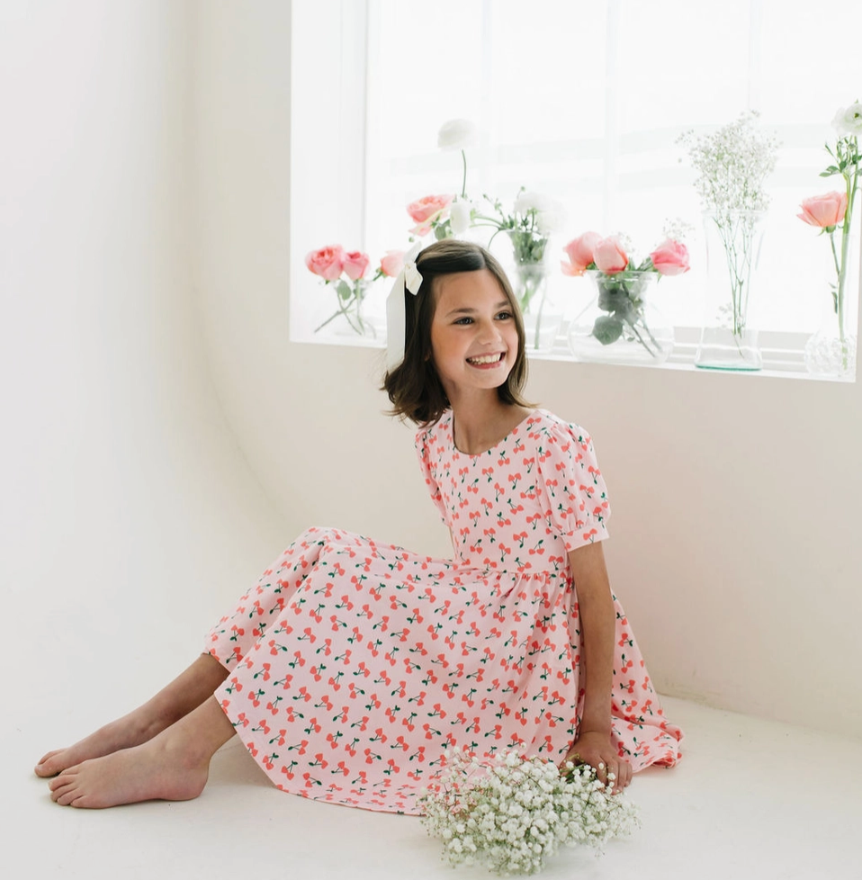 Puff Sleeve Twirl Dress, Cherries - Magpies Paducah