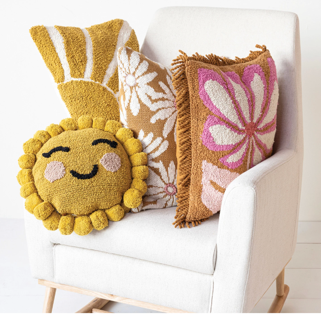 12" Round Tufted Sun Shaped Pillow - Magpies Paducah