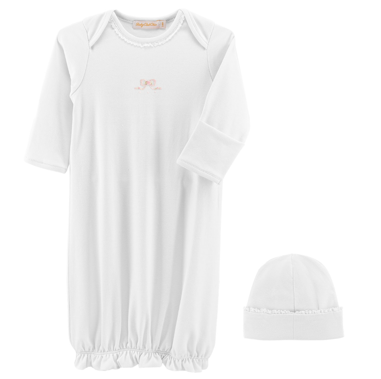 Lace Trim Gown + Hat Set, Pretty Bows