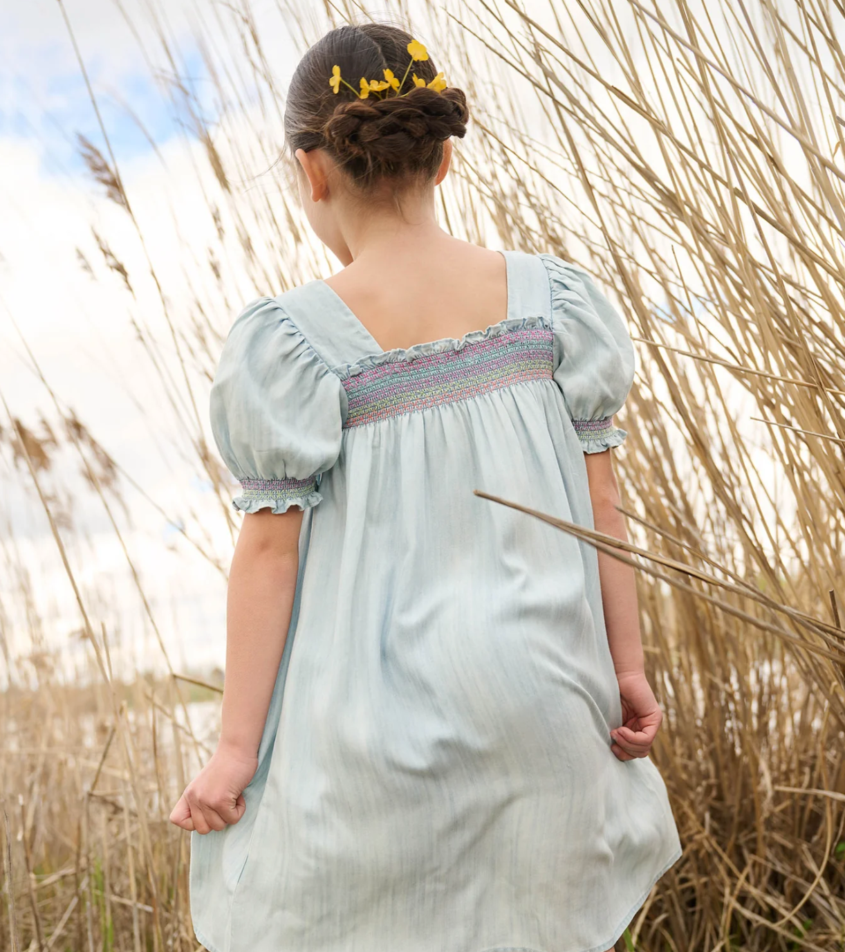 Puff Sleeve Smocked Dress, Soft Denim - Magpies Paducah