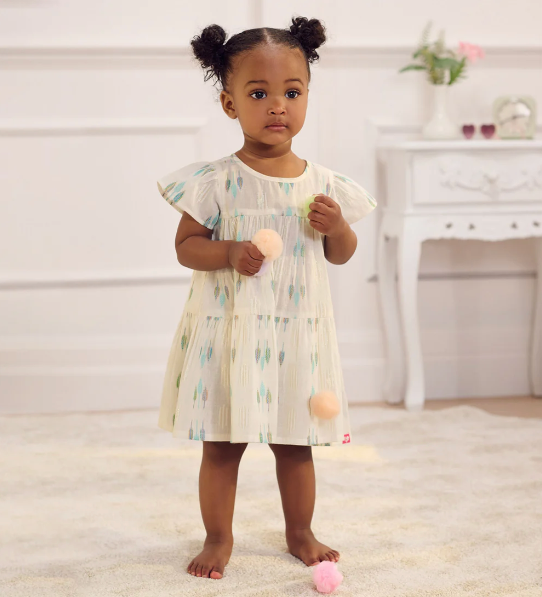 Woven Puff Dress, Blue Feathers - Magpies Paducah