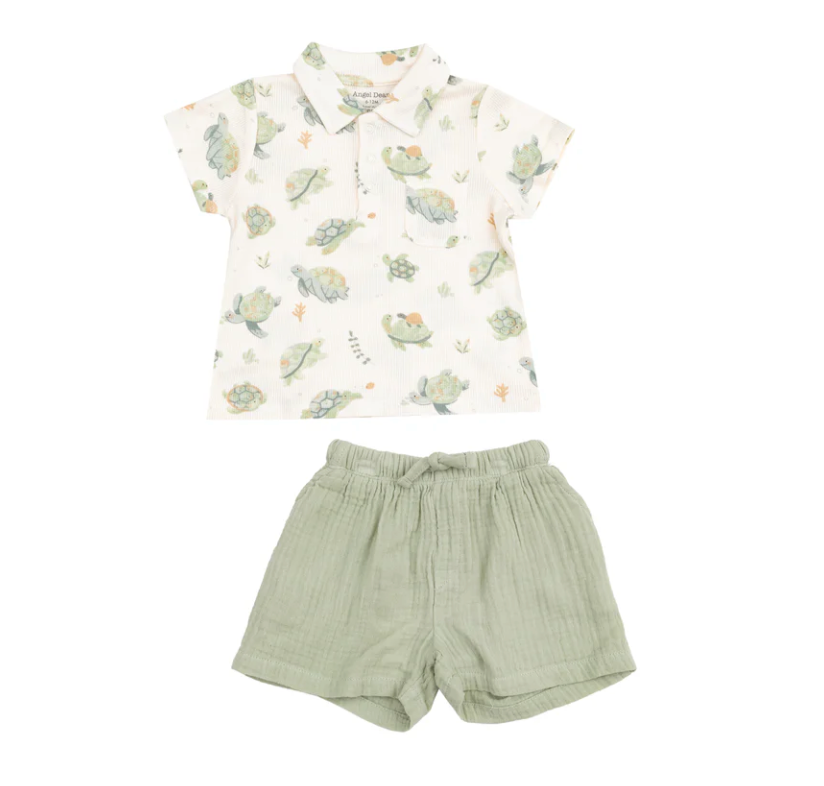 Polo Shirt + Muslin Short, Sea Turtles