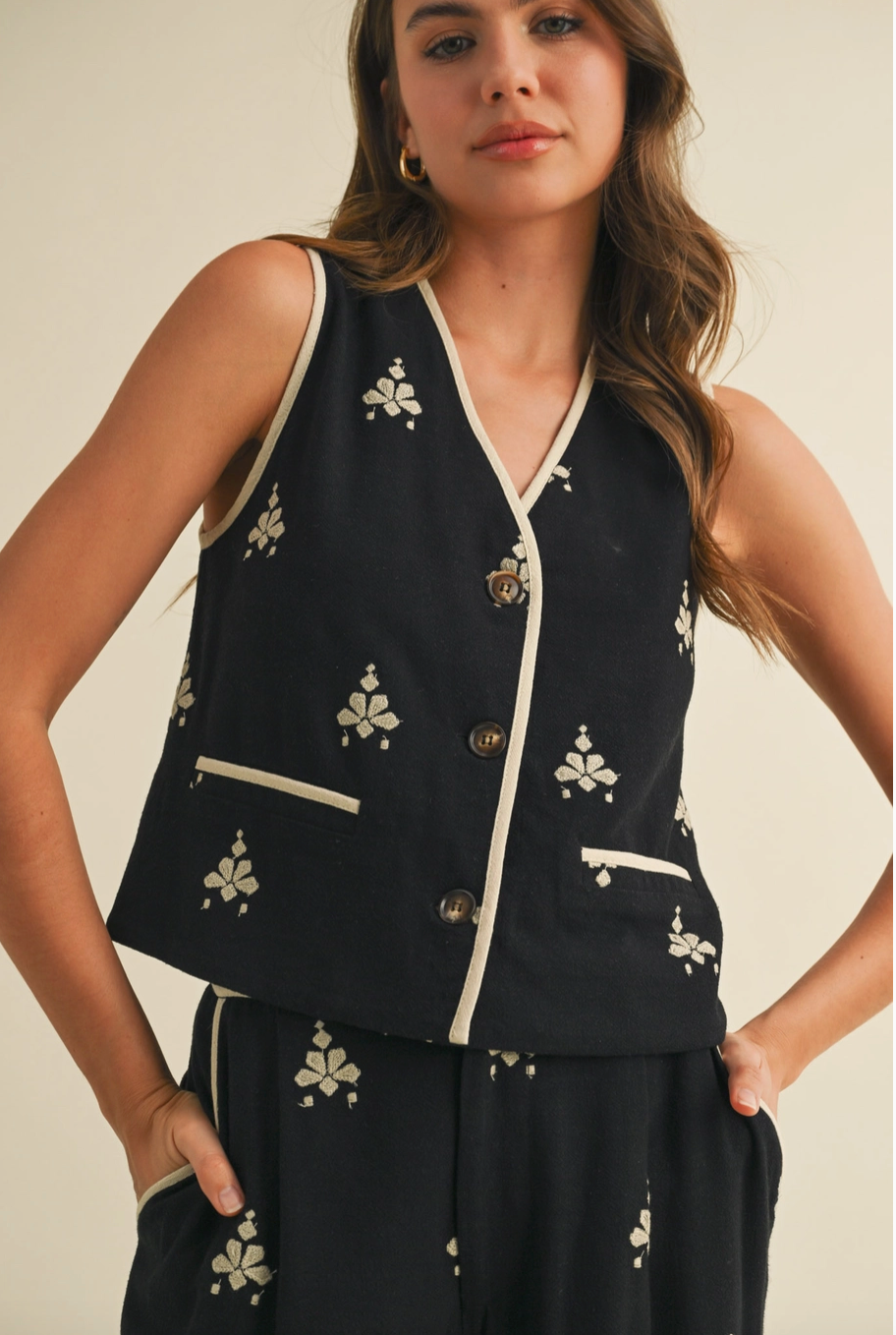 Women's Embroidery Vest and Wide Leg Pant Set