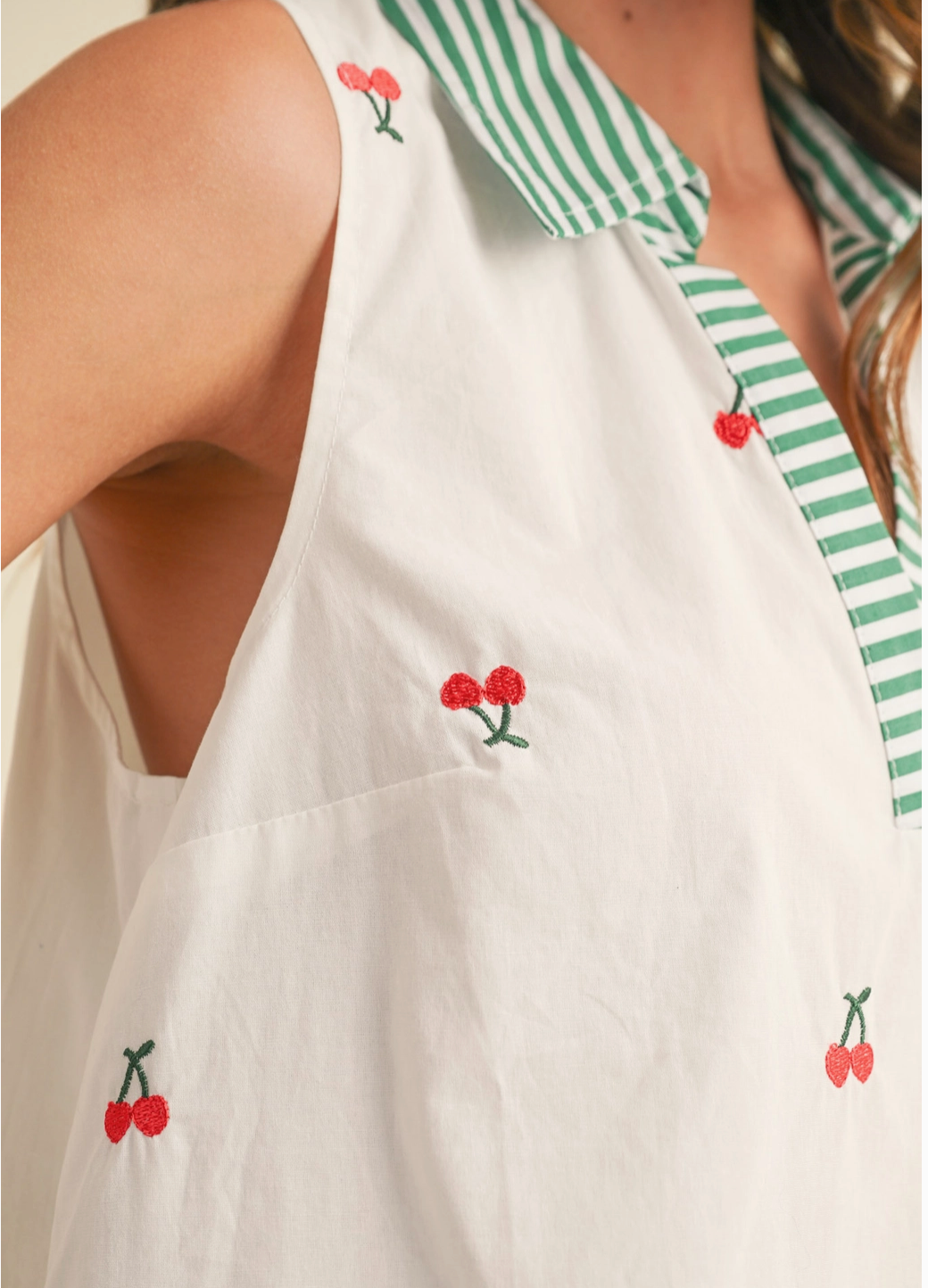 Women's Collard Tank, Embroidered Cherries - Magpies Paducah