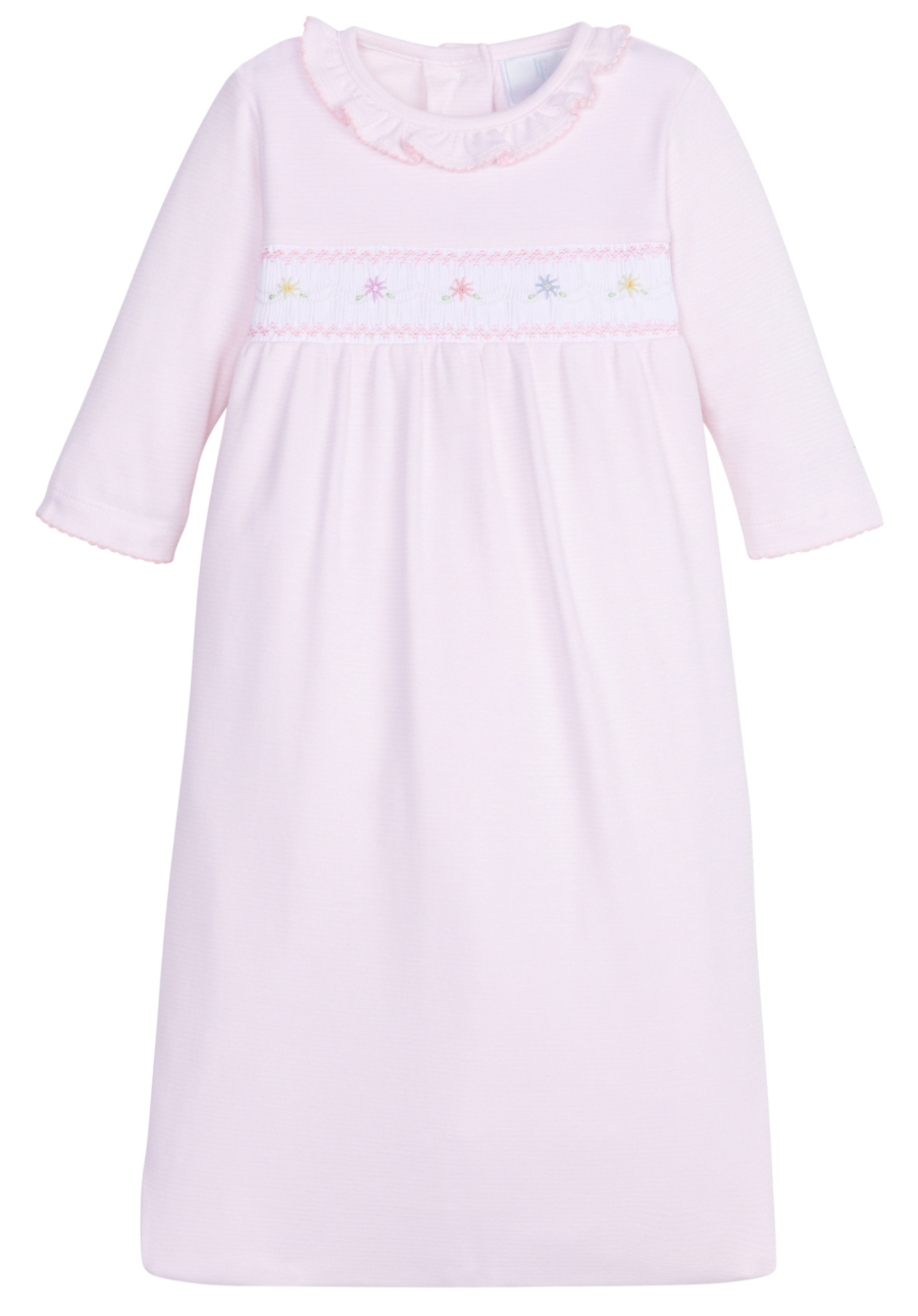 Smocked Newborn Gown, Pink Flowers - Magpies Paducah