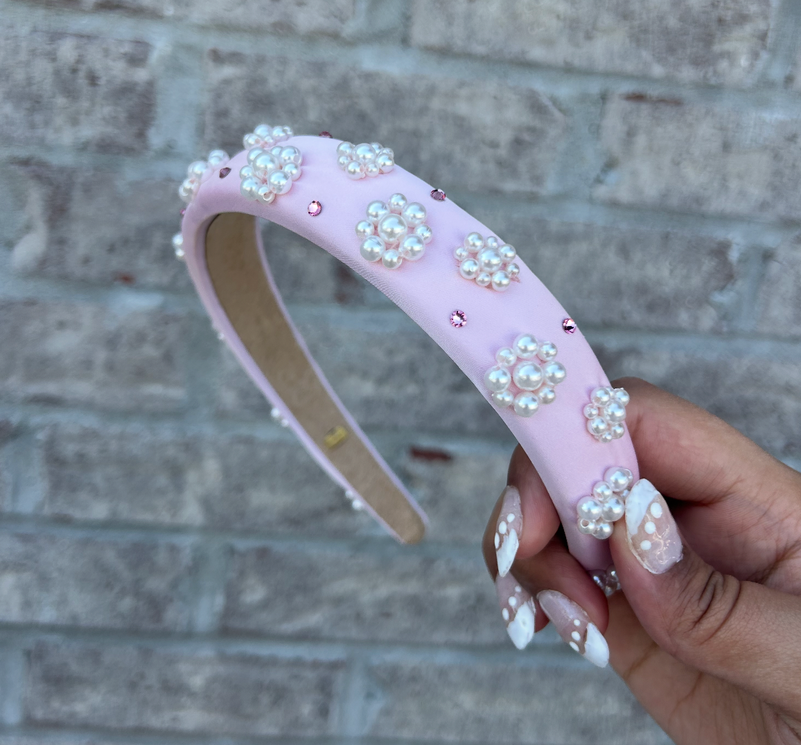 Pink Satin Pearl Flower Headband