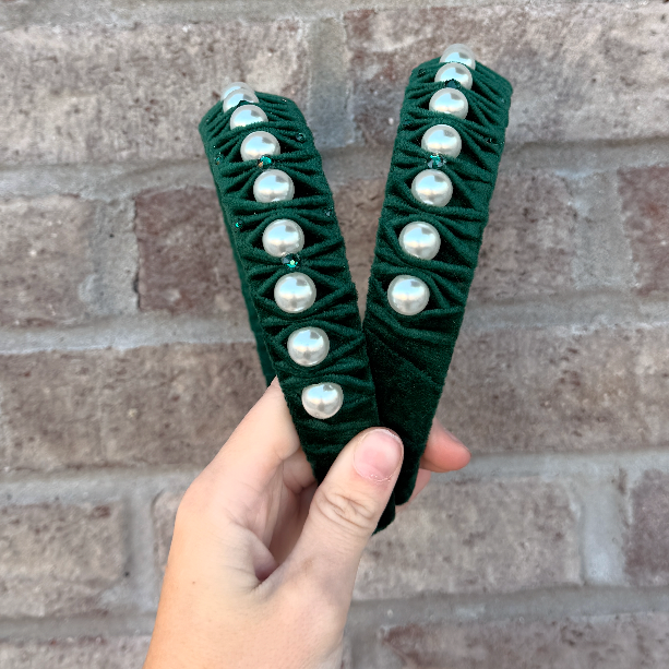 Pearl Braided Velvet Headband, Emerald
