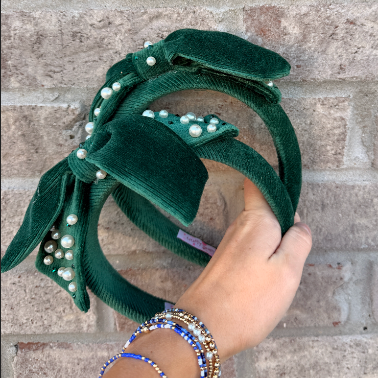 Pearl Corduroy Knot Headband, Emerald