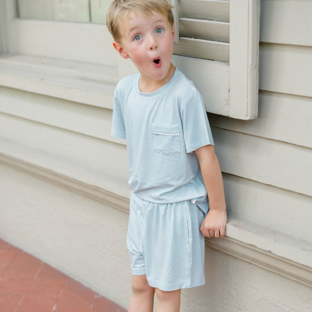 Sleep Short & Tee Set, Dusty Blue Stripe - Magpies Paducah