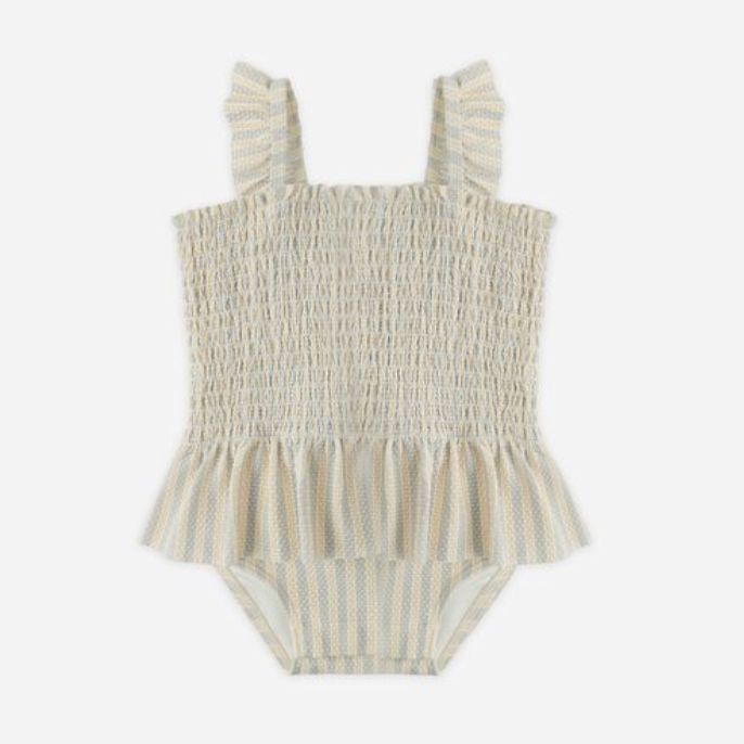 Smocked One-Piece, Blue + Butterscotch Stripe - Magpies Paducah