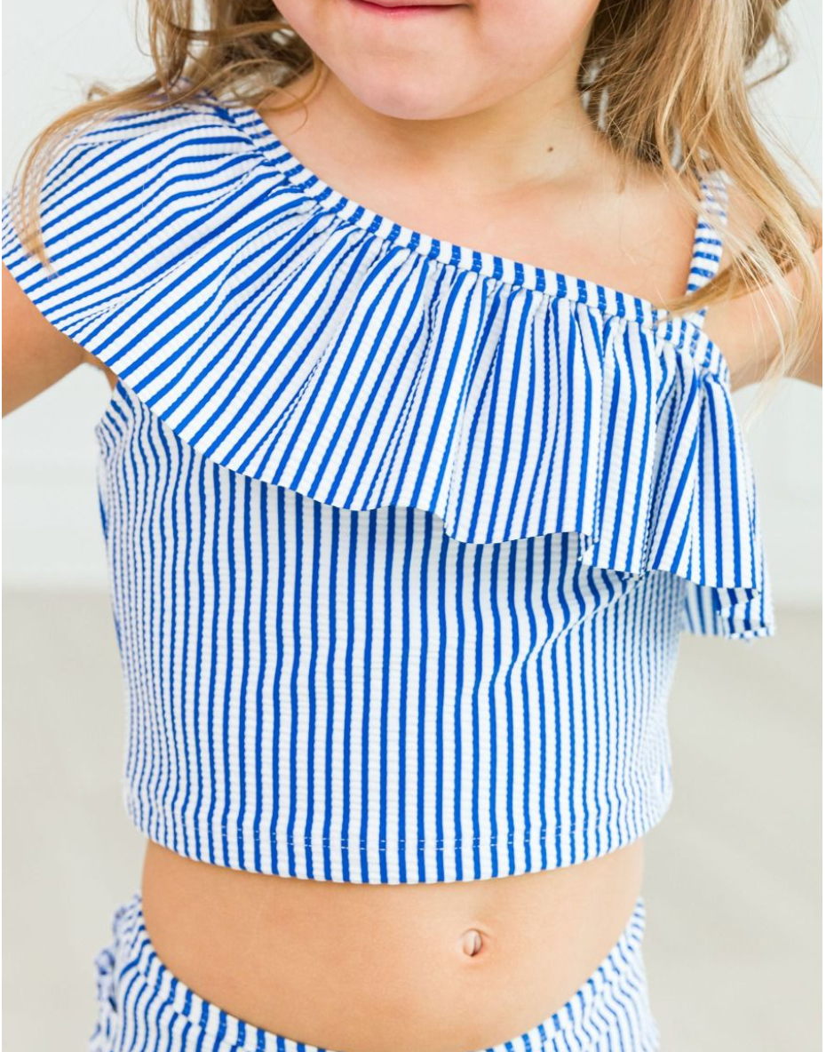 Seersucker One Shoulder Ruffle Tankini, Blue - Magpies Paducah