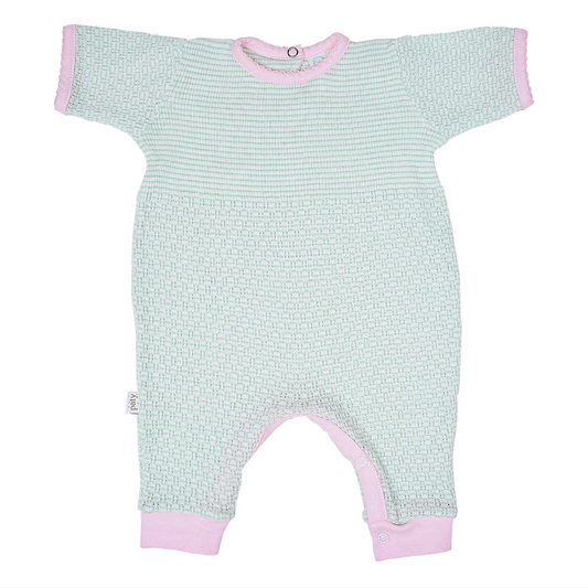 Short Sleeve Romper, Mint/Pink Trim - Magpies Paducah