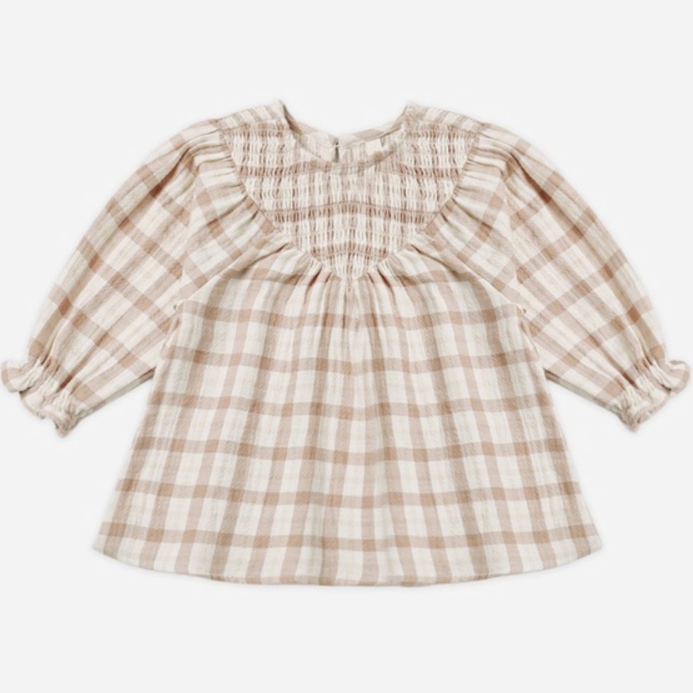 V-Smocked Dress, Rustic Plaid