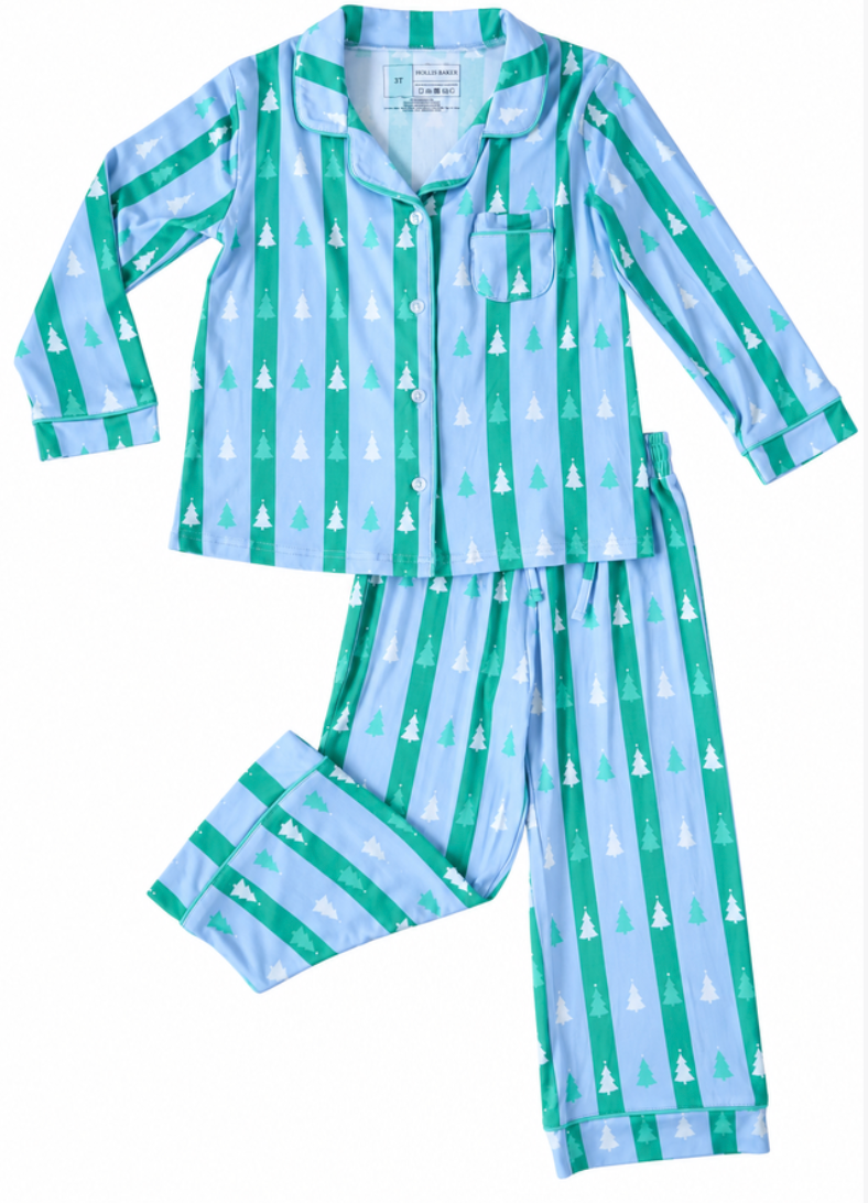 Kevin Pajama Set, Blue + Green Tree Stripes - Magpies Paducah