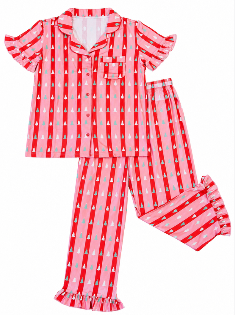 Women's Ruffle Pajama Set, Red + Pink Tree Stripes - Magpies Paducah