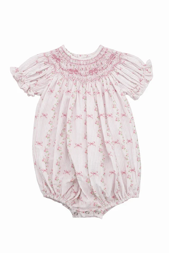 Smocked Pink Stripe Bow Floral Bubble