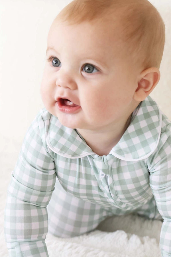 Peter Pan Collar Zipper Footie, Moss Gingham