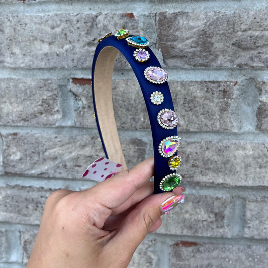 Thin Navy Satin Jeweled Headband