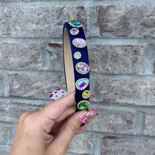 Thin Navy Satin Jeweled Headband