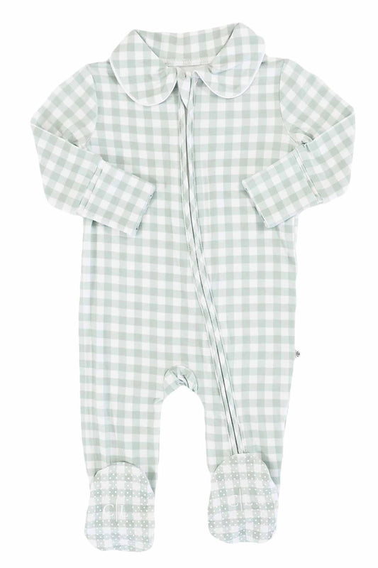 Peter Pan Collar Zipper Footie, Moss Gingham