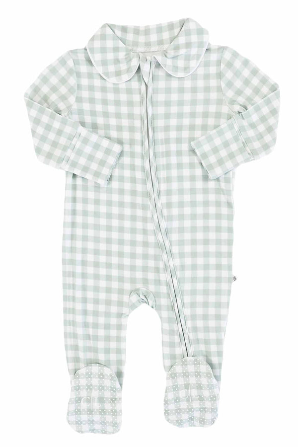 Peter Pan Collar Zipper Footie, Moss Gingham