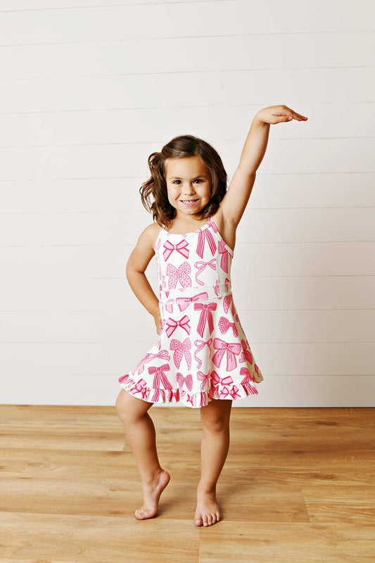 Active Sport Ruffle Dress, White & Pink Bow - Magpies Paducah