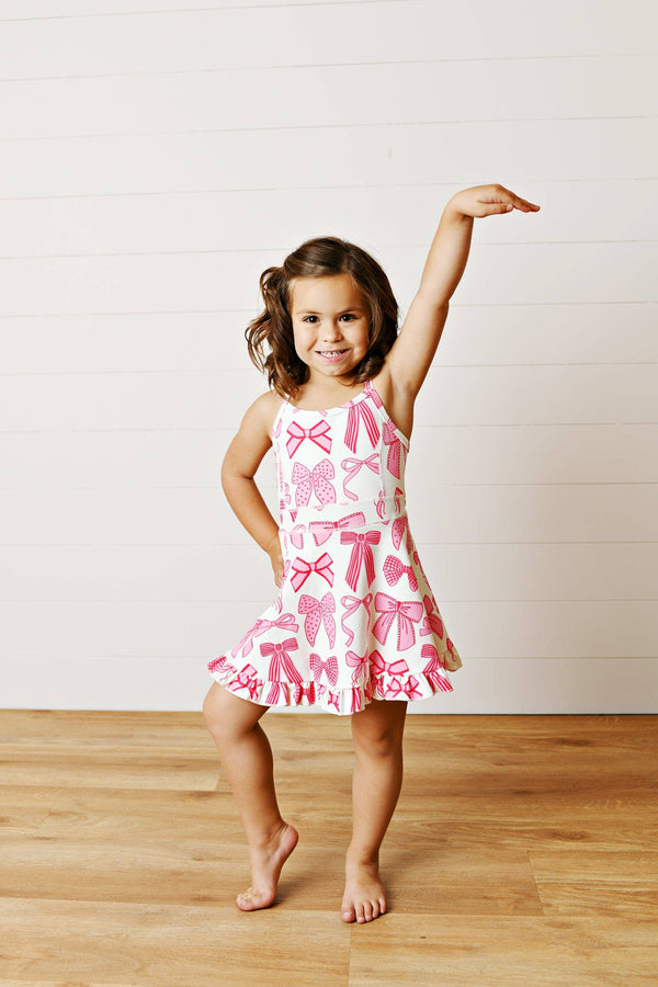 Active Sport Ruffle Dress, White & Pink Bow - Magpies Paducah