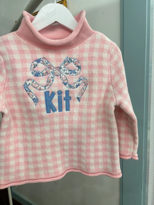 Cotton Knit Rollneck Sweater, Pink Gingham - Magpies Paducah