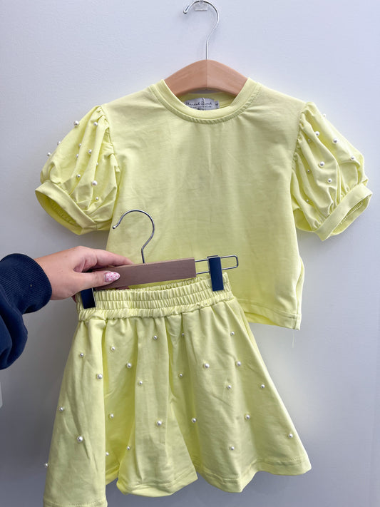 Puff Sleeve Pearls Skort Set, Yellow - Magpies Paducah