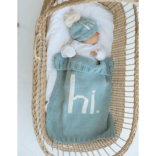 Hi Hand Knit Baby Blanket, Surf Blue