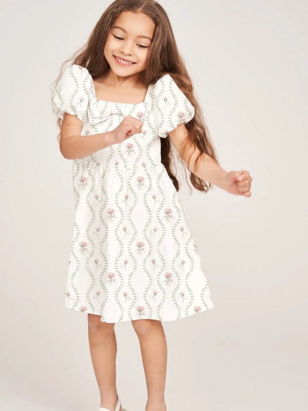 The Kylie Dress, White Floral Vine, Girls - Magpies Paducah