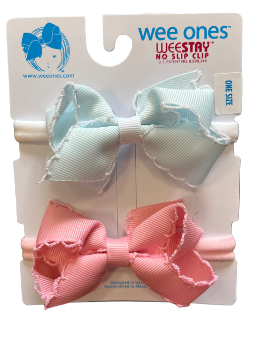 2 Pack Moonstitch Grosgrain Bows on Nylon Band, Mint & Solid Pink - Magpies Paducah