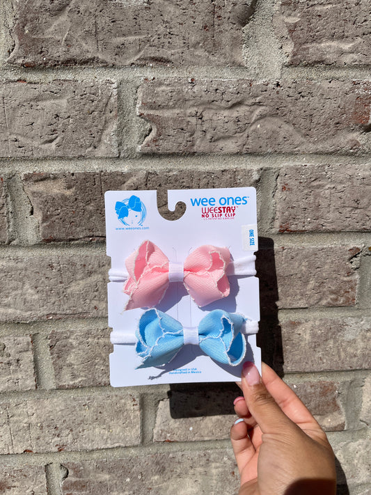 2 Pack Moonstitch Bows on Band | Pink/Blue, White Trim - Magpies Paducah