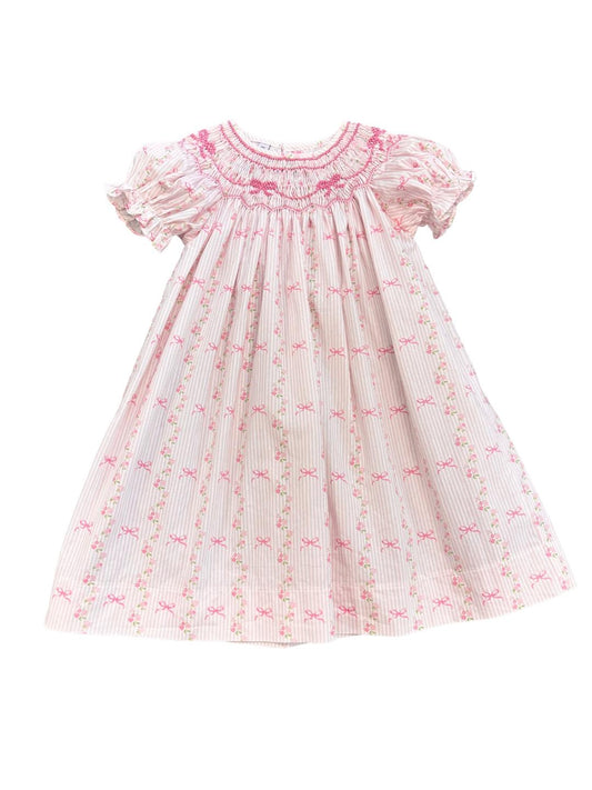 Smocked Pink Stripe Bow Floral Dress