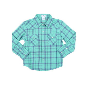 Flannel Pearl Snap, Blue + Green Plaid