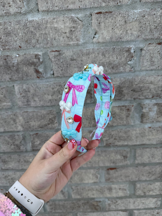 All Over Bow Charm Knot Headband, Light Blue